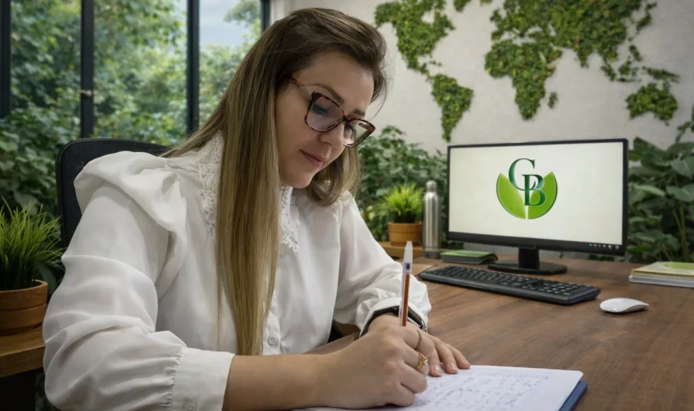 Caroline Bondan, bióloga e consultora ambiental, analisando documentos técnicos em seu escritório